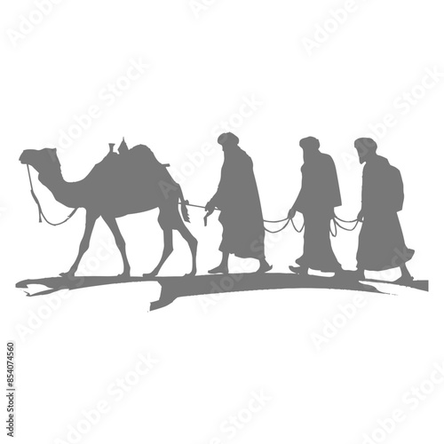 silhouette muslim men walking leading tied camels black color only