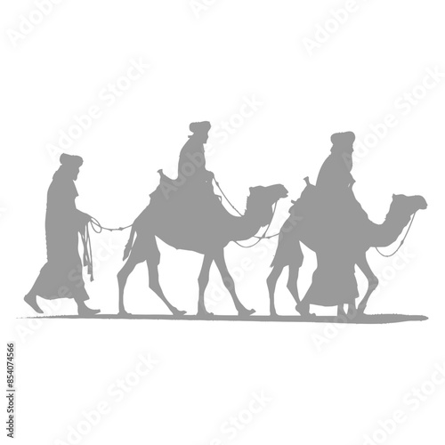 silhouette muslim men walking leading tied camels black color only