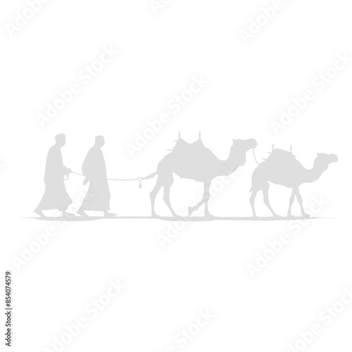 silhouette muslim men walking leading tied camels black color only