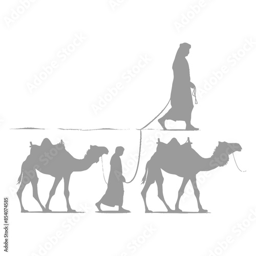silhouette muslim men walking leading tied camels black color only