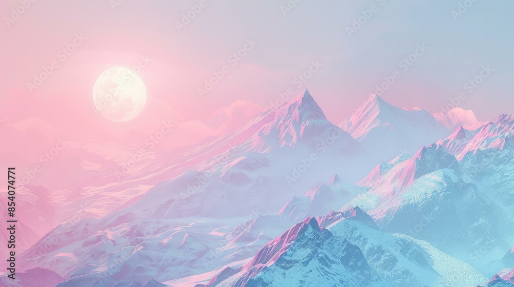 A bright full moon hangs in the sky above snowy mountain peaks. The scene is bathed in soft pink and blue light, giving it a magical feel. A bright full moon hangs in the sky above snowy mountain peaks. The scene is bathed in soft pink and blue light, giving it a magical feel.