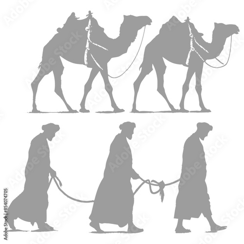 silhouette muslim men walking leading tied camels black color only