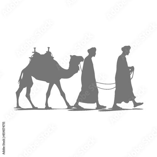 silhouette muslim men walking leading tied camels black color only