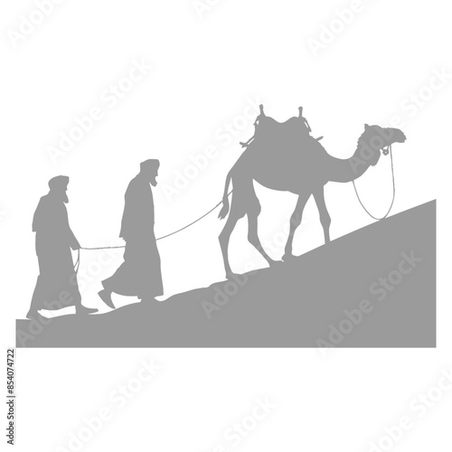 silhouette muslim men walking leading tied camels black color only