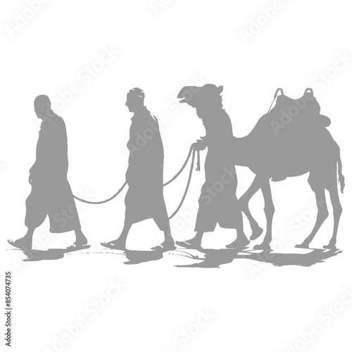 silhouette muslim men walking leading tied camels black color only