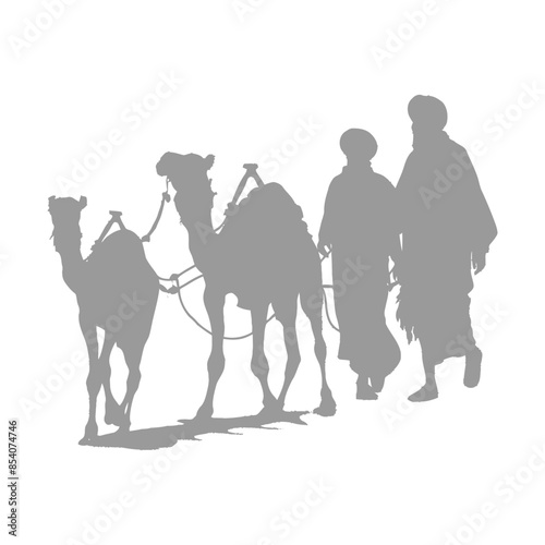 silhouette muslim men walking leading tied camels black color only