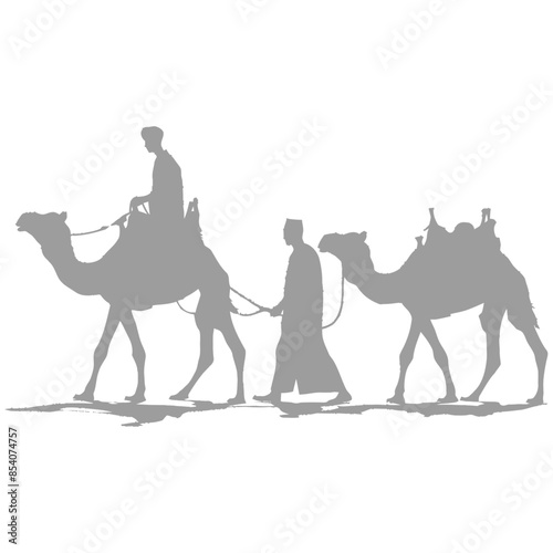 silhouette muslim men walking leading tied camels black color only