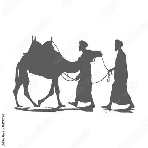 silhouette muslim men walking leading tied camels black color only