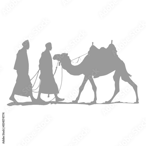 silhouette muslim men walking leading tied camels black color only