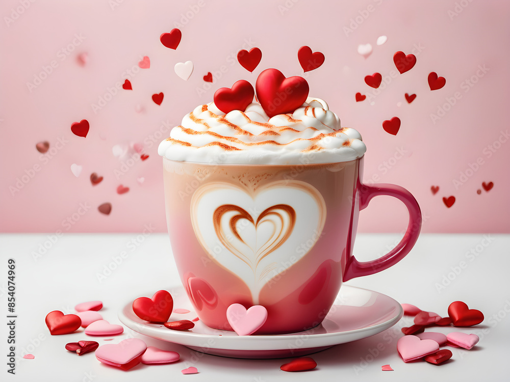 Cozy Valentine Coffee Latte with Milk, Pink Cup, Pink Background, and Confetti Hearts Cozy Valentine Coffee Latte with Milk, Pink Cup, Pink Background, and Confetti Hearts