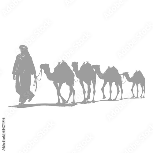 silhouette muslim men walking leading tied camels black color only