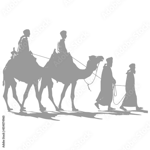silhouette muslim men walking leading tied camels black color only