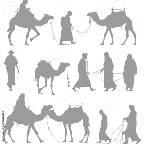 silhouette muslim men walking leading tied camels black color only
