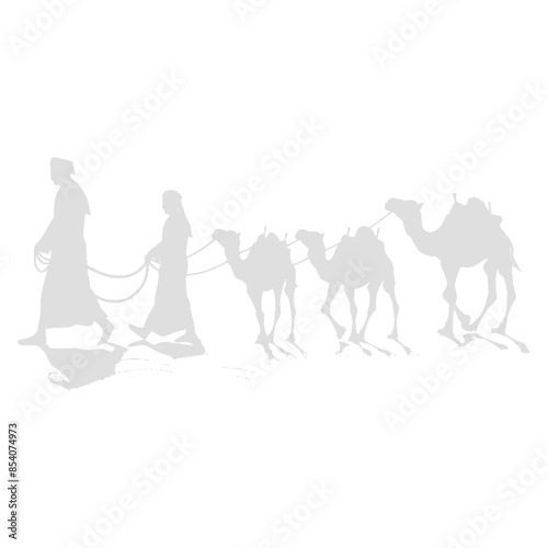 silhouette muslim men walking leading tied camels black color only