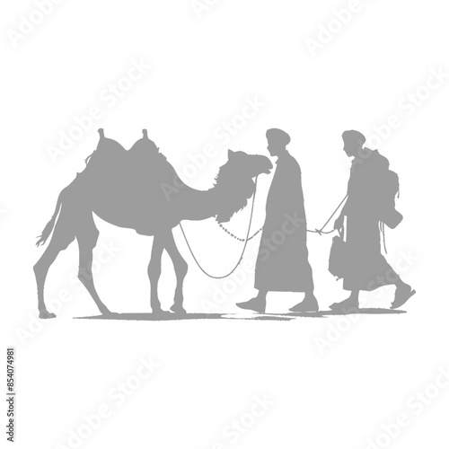 silhouette muslim men walking leading tied camels black color only