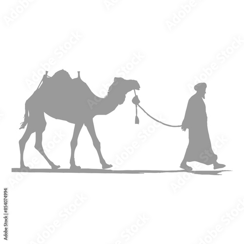 silhouette muslim men walking leading tied camels black color only