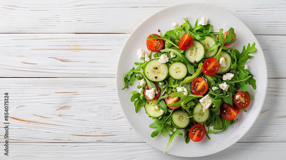 Fresh salad with organic cherry tomatoes, cucumber, lettuce, and feta cheese on a white plate, top wiev