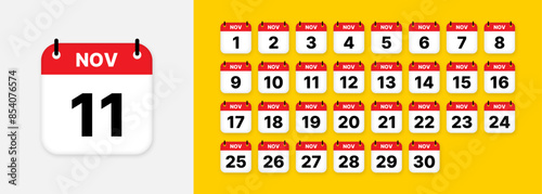 Calendar icon set, all days of November. Day 1 to 30. Vector