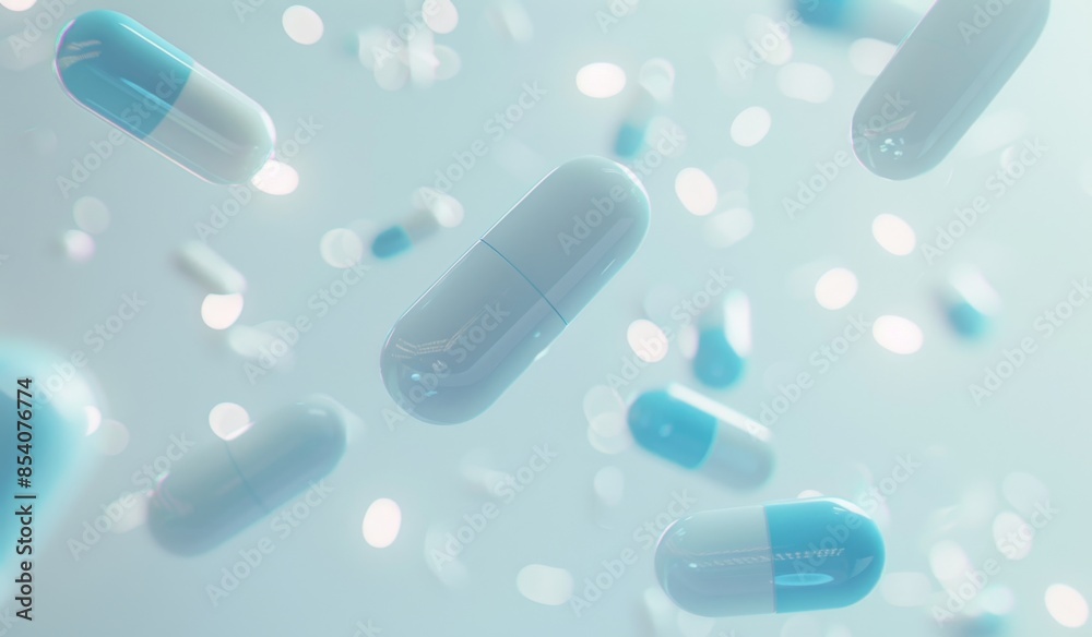 3D animation in the style of a white and light blue pill capsule falling through the air against a light background.