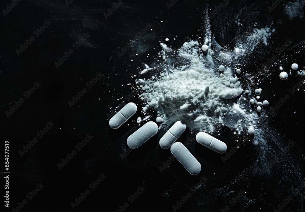 Aerial View of White Powder and Broken Pill on Black Background Aerial View of White Powder and Broken Pill on Black Background