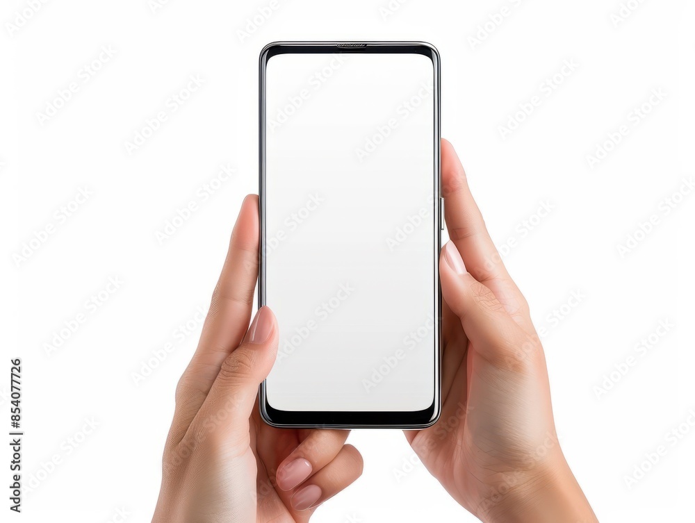 Female hands holding modern cellphone Close up of woman hands holding smart phone with blank screen Empty smartphone white screen ready for your app to be placed isolated on white back : Generative AI