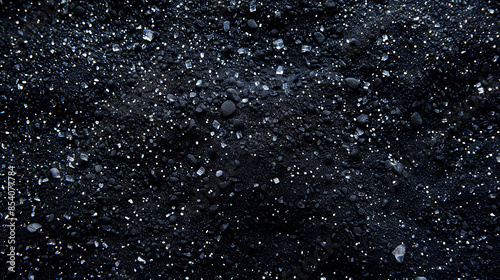 Flat image of black sand viewed from above. Sand texture.
