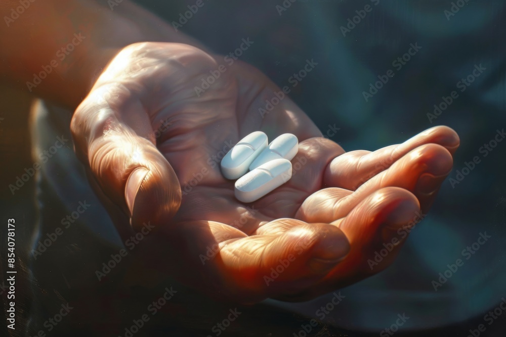 an open palm holding three white pills, with focus on one pill being in the style of an arcade and the other two round in shape. a medical magazine or advertisement an open palm holding three white pills, with focus on one pill being in the style of an arcade and the other two round in shape. a medical magazine or advertisement