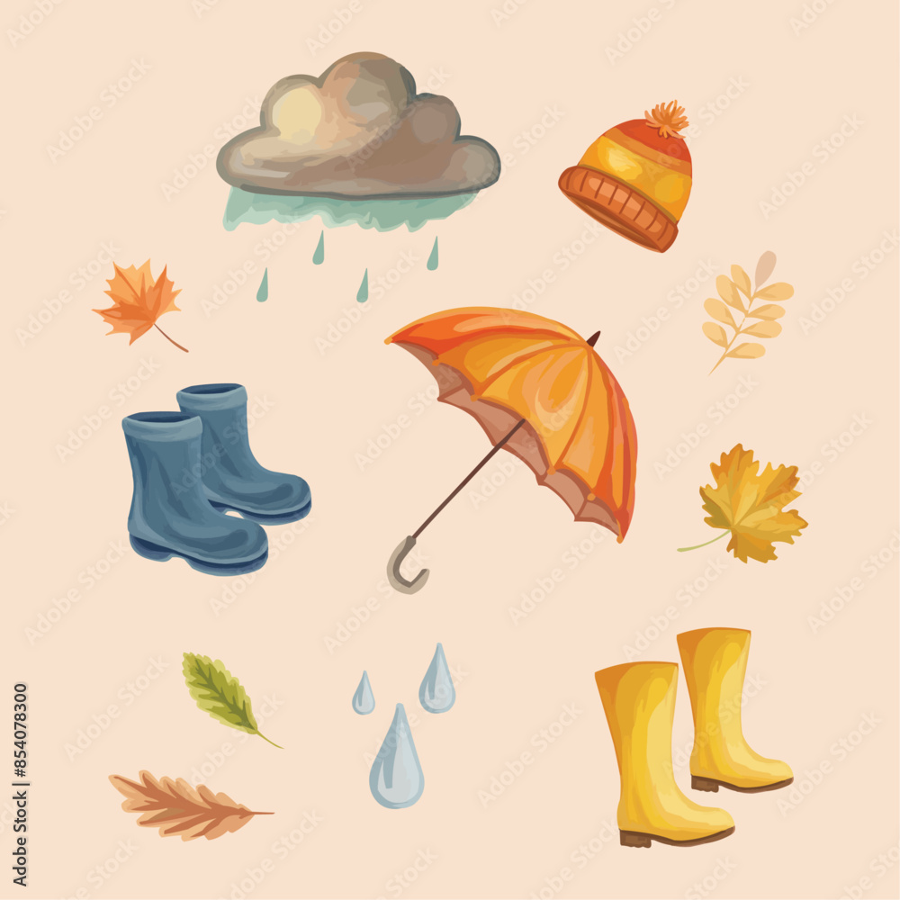 Rain clouds umbrella set in hand drawn style Rain clouds umbrella set in hand drawn style