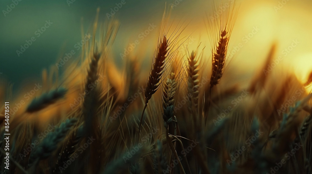 A close-up of golden wheat stalks gently swaying in the breeze at sunset, creating a serene and warm atmosphere with soft, blurred background hues of blue and orange A close-up of golden wheat stalks gently swaying in the breeze at sunset, creating a serene and warm atmosphere with soft, blurred background hues of blue and orange