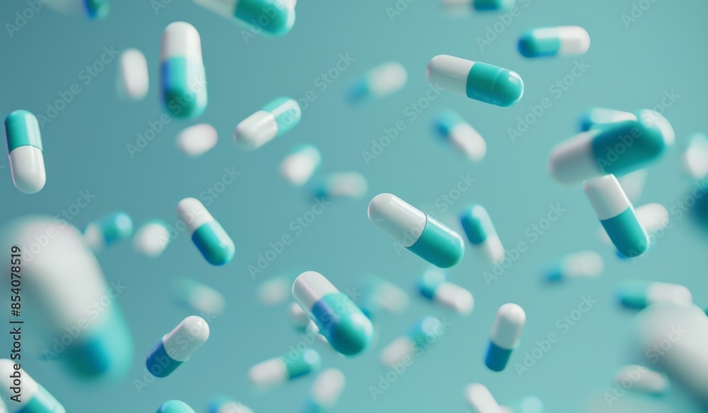 teal and white pills falling against a light blue background, teal and white pills falling against a light blue background,