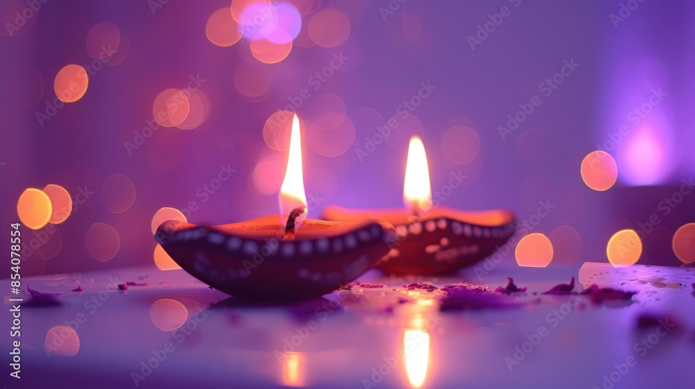 Celebrating Diwali with Diya lamps placed on a white surface with a violet backdrop in close up view Celebrating Diwali with Diya lamps placed on a white surface with a violet backdrop in close up view