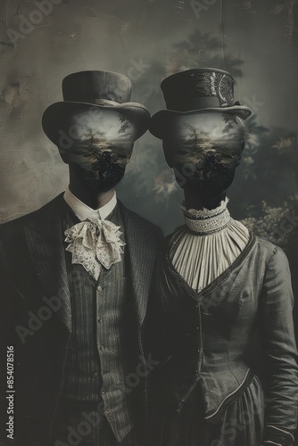 Victorian couple with their heads replaced by mirrors, reflecting each other, minimalist surrealism
