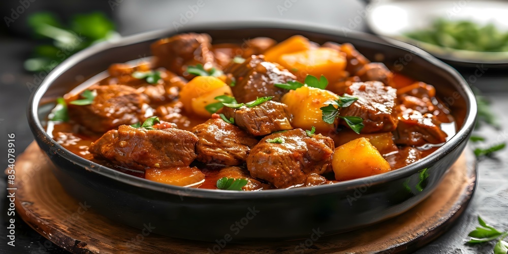 Hearty Beef Guinness Stew with Tender Chunks of Beef, Carrots, and Potatoes. Concept Beef Stew Recipe, Hearty Comfort Food, Guinness Stew, Cooking Tips, Irish Cuisine Hearty Beef Guinness Stew with Tender Chunks of Beef, Carrots, and Potatoes. Concept Beef Stew Recipe, Hearty Comfort Food, Guinness Stew, Cooking Tips, Irish Cuisine
