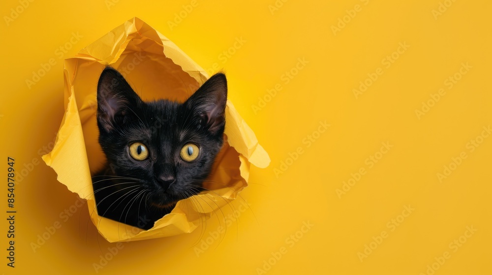 Black Cat in Halloween Hat Peeking Through Yellow Paper Hole Black Cat in Halloween Hat Peeking Through Yellow Paper Hole