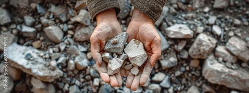  A person holds several rocks against a backdrop of rocky ground, with rocks scattered around them in the foreground, and one larger rock situated at the image's center photo
