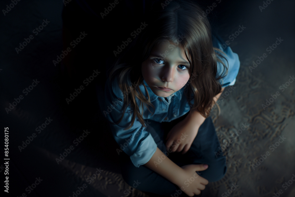 A sad little girl with brown hair looking up at the camera. A sad little girl with brown hair looking up at the camera.