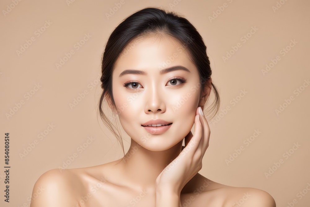 Radiant Beauty Portrait: A young woman with flawless skin and a gentle smile, showcasing a natural and healthy glow. Her elegant hairstyle and delicate touch add to her serene beauty. Radiant Beauty Portrait: A young woman with flawless skin and a gentle smile, showcasing a natural and healthy glow. Her elegant hairstyle and delicate touch add to her serene beauty.