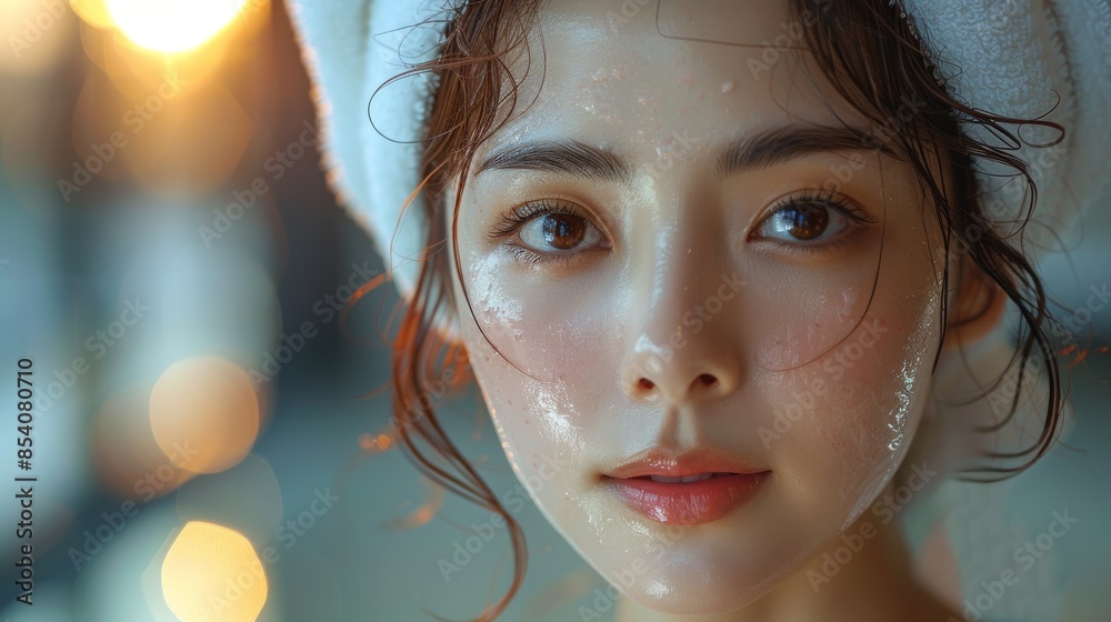 Close-up portrait of a peaceful young woman with dewy skin, highlighted by soft focus and ambient lighting Close-up portrait of a peaceful young woman with dewy skin, highlighted by soft focus and ambient lighting