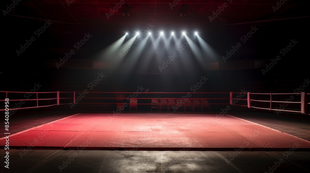 A dramatic photo of an empty boxing ring illuminated by a spotlight from the ceiling in a dark, empty gymnasium. The red mat and ropes stand out against the shadowy background, with two empty chairs 