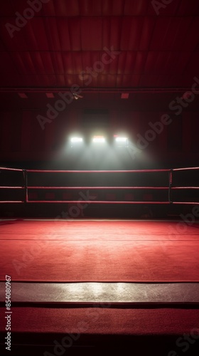 A dramatic photo of an empty boxing ring illuminated by a spotlight from the ceiling in a dark, empty gymnasium. The red mat and ropes stand out against the shadowy background, with two empty chairs 