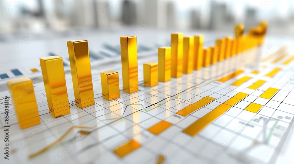 Golden bar graph with rising bars on financial data sheets, representing business growth, success, and financial analysis. Golden bar graph with rising bars on financial data sheets, representing business growth, success, and financial analysis.