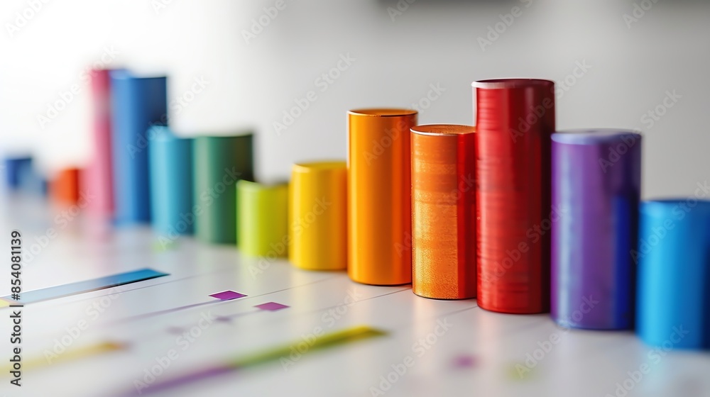 Colorful bar chart representation with stacked cylindrical shapes on a blurred background, emphasizing data analysis and business growth. Colorful bar chart representation with stacked cylindrical shapes on a blurred background, emphasizing data analysis and business growth.
