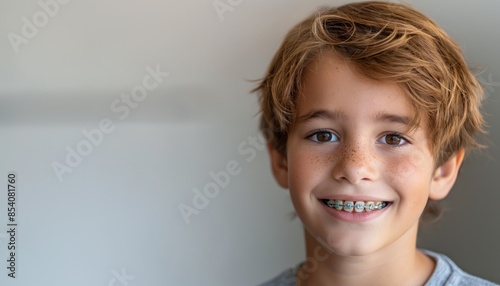 Wallpaper Mural Confident young boy with braces smiles gently with a white interior background Torontodigital.ca