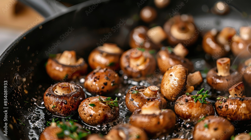 Sauteed mushrooms sizzling in a pan with melted butter and fresh thyme. Aromatic and golden-brown, perfect for a savory dish Sauteed mushrooms sizzling in a pan with melted butter and fresh thyme. Aromatic and golden-brown, perfect for a savory dish