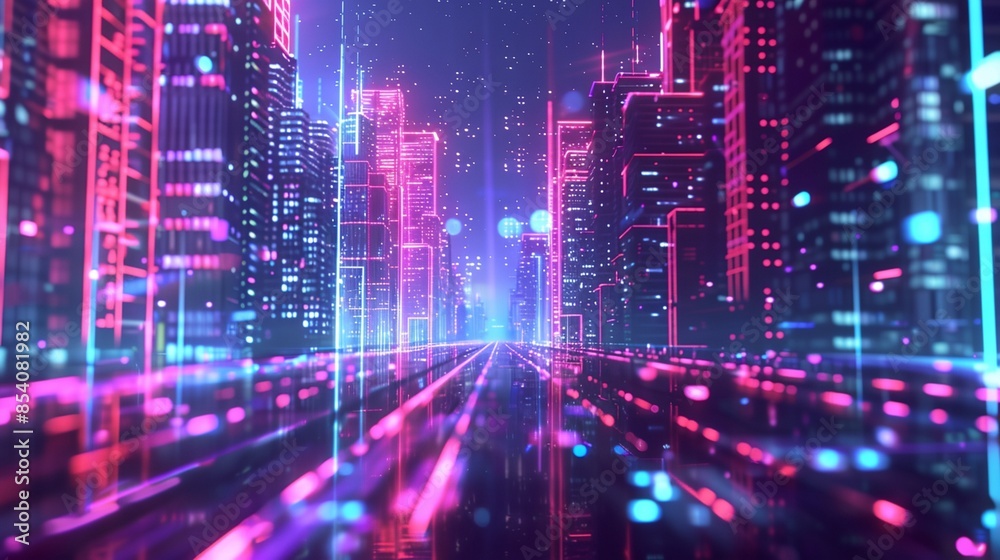 a city with neon lights and buildings in the background
