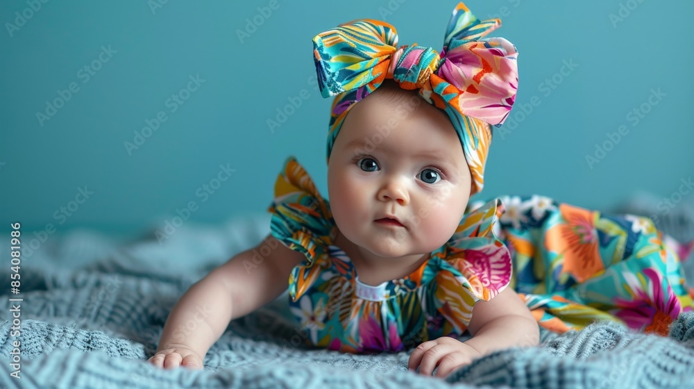 Baby in a vibrant floral dress and matching headband, lying on a soft blanket in the studio Baby in a vibrant floral dress and matching headband, lying on a soft blanket in the studio