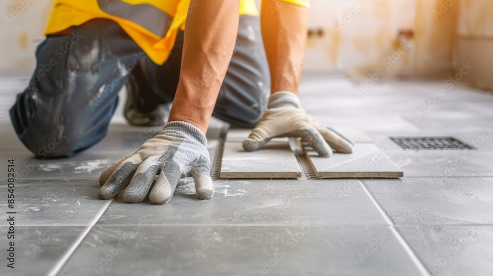 Hands laying and grouting tiles on a floor or backsplash. Hands laying and grouting tiles on a floor or backsplash.