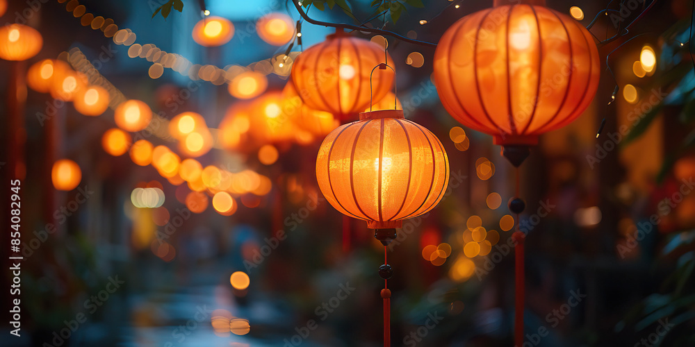 String of Chinese paper lanterns illuminate a festive street. Generated by AI. String of Chinese paper lanterns illuminate a festive street. Generated by AI.