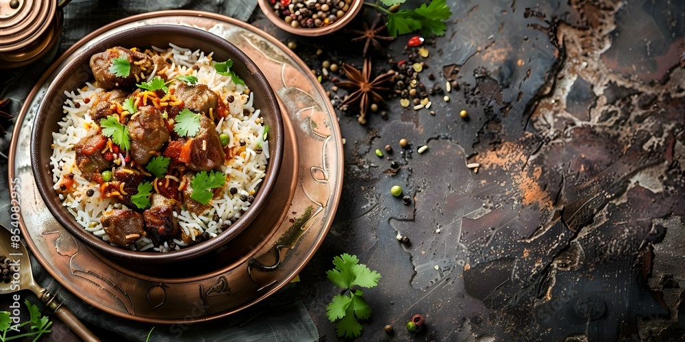 Authentic Indian Biryani Spicy Basmati Rice and Meat Curry Cooked in Copper Utensils. Concept Indian Cuisine, Biryani Recipe, Spicy Rice, Basmati Rice, Meat Curry Authentic Indian Biryani Spicy Basmati Rice and Meat Curry Cooked in Copper Utensils. Concept Indian Cuisine, Biryani Recipe, Spicy Rice, Basmati Rice, Meat Curry
