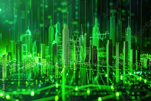 Futuristic hi tech, mechanical technology skyline with a chart on neon green city background - 3D motion graphics animation